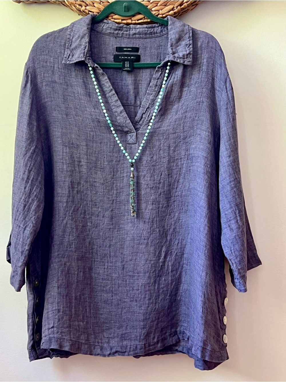Tahari 100% Linen Blue Tunic Top Side Button Relaxed 1X